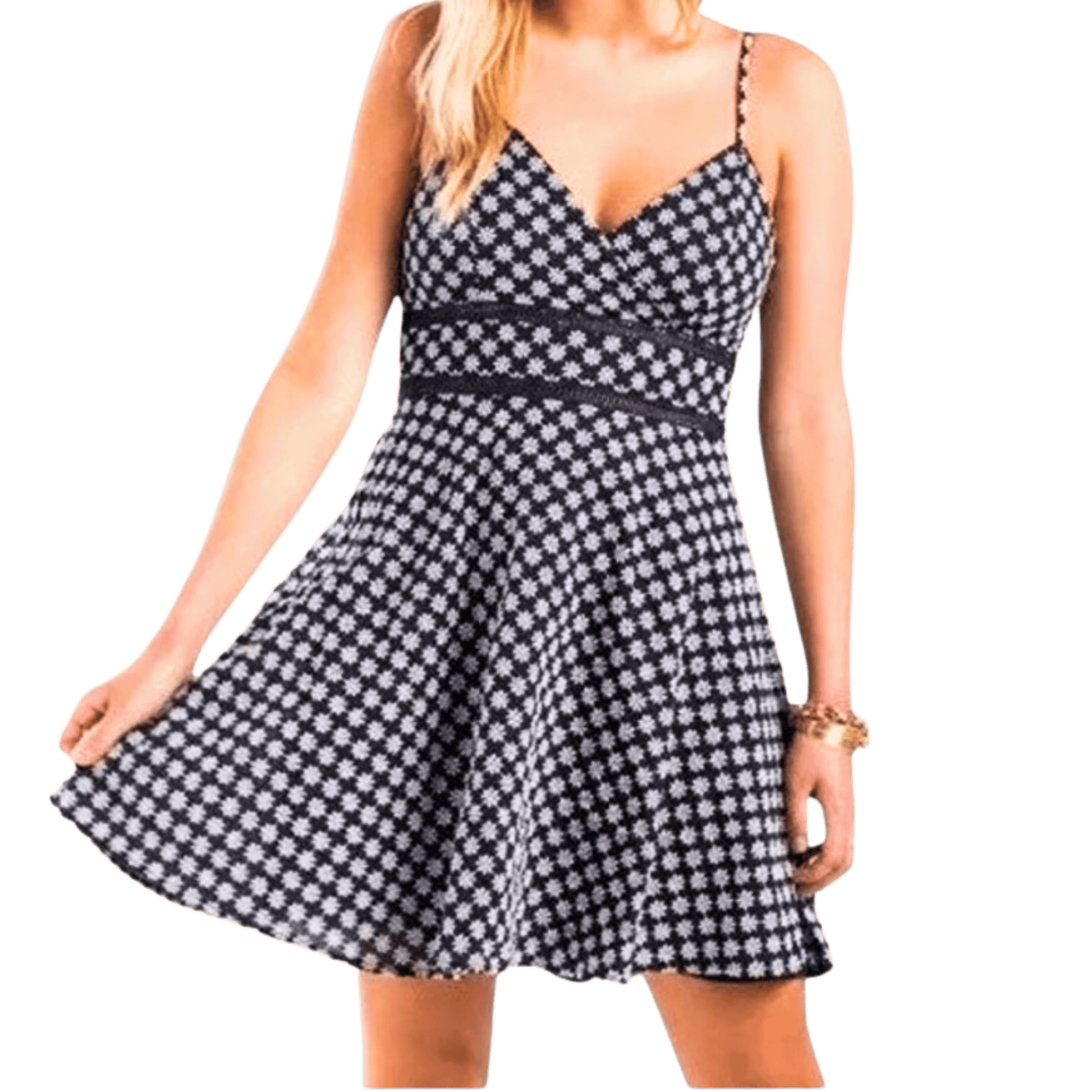Woman wearing a black and white checkered dress on a white background