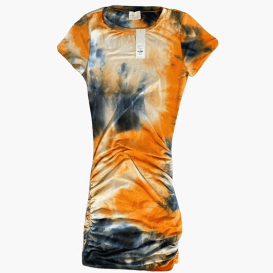 Tie-dye dress with orange and black pattern on a solid background