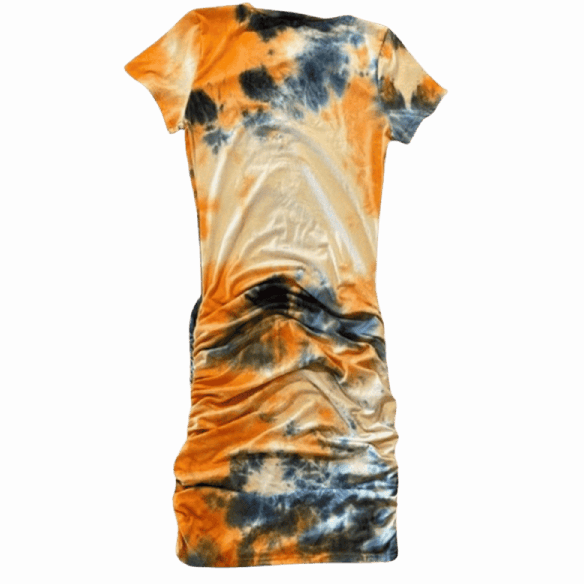 Tie-dye dress with orange, black, and blue pattern on a gray background