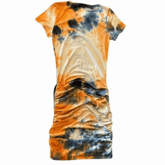 Tie-dye dress with orange, black, and blue pattern on a gray background