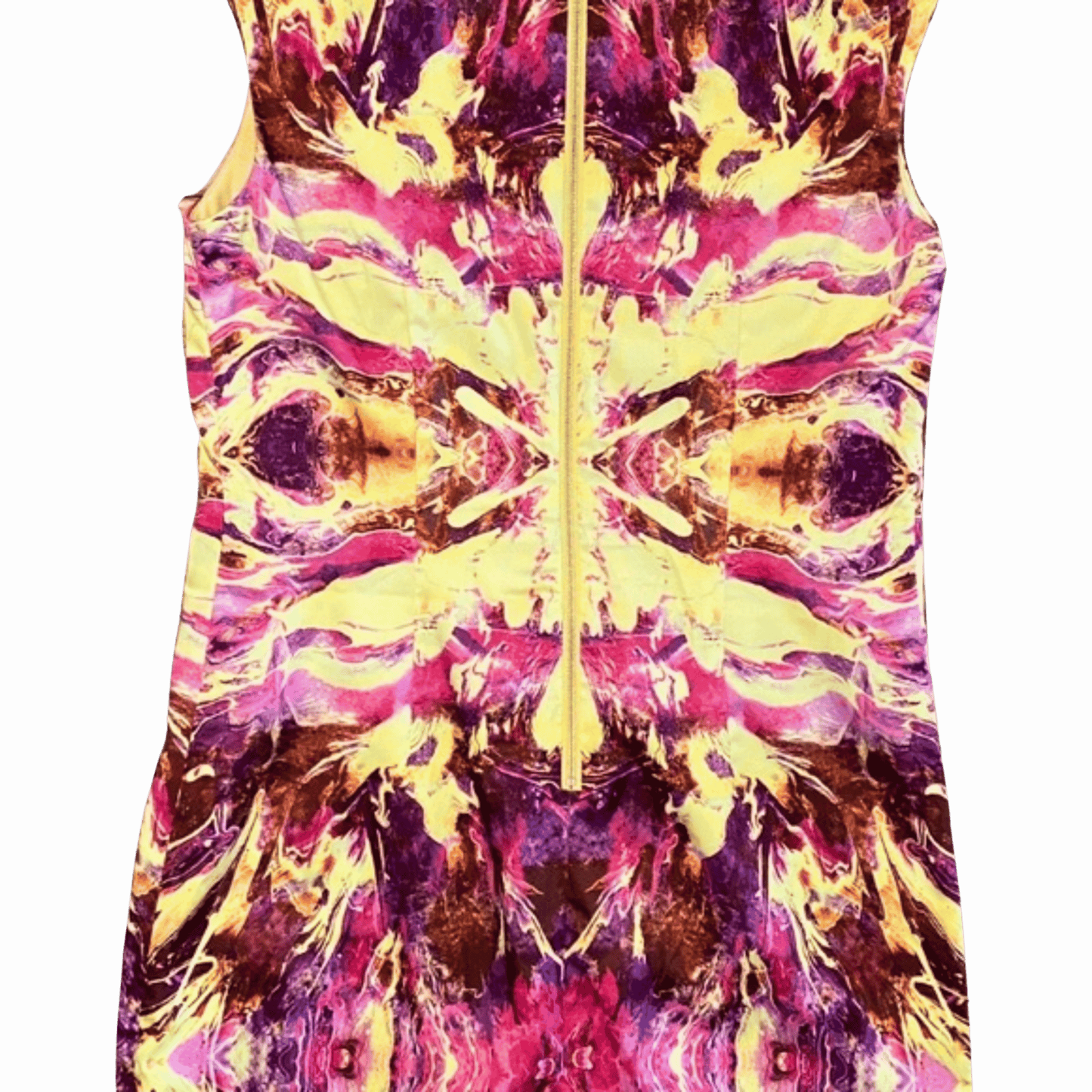 Vibrant tie-dye dress with a butterfly pattern on a plain background
