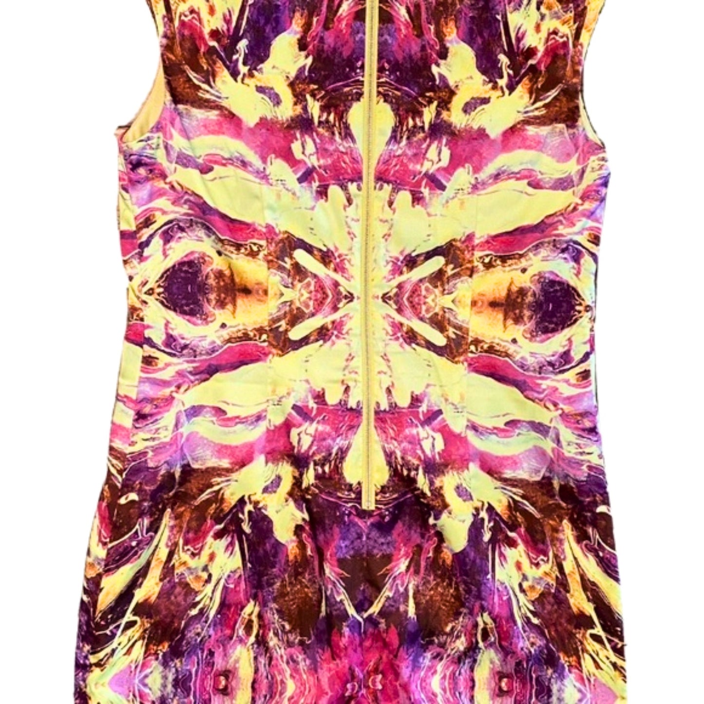 Colorful tie-dye dress with a butterfly design on a white background
