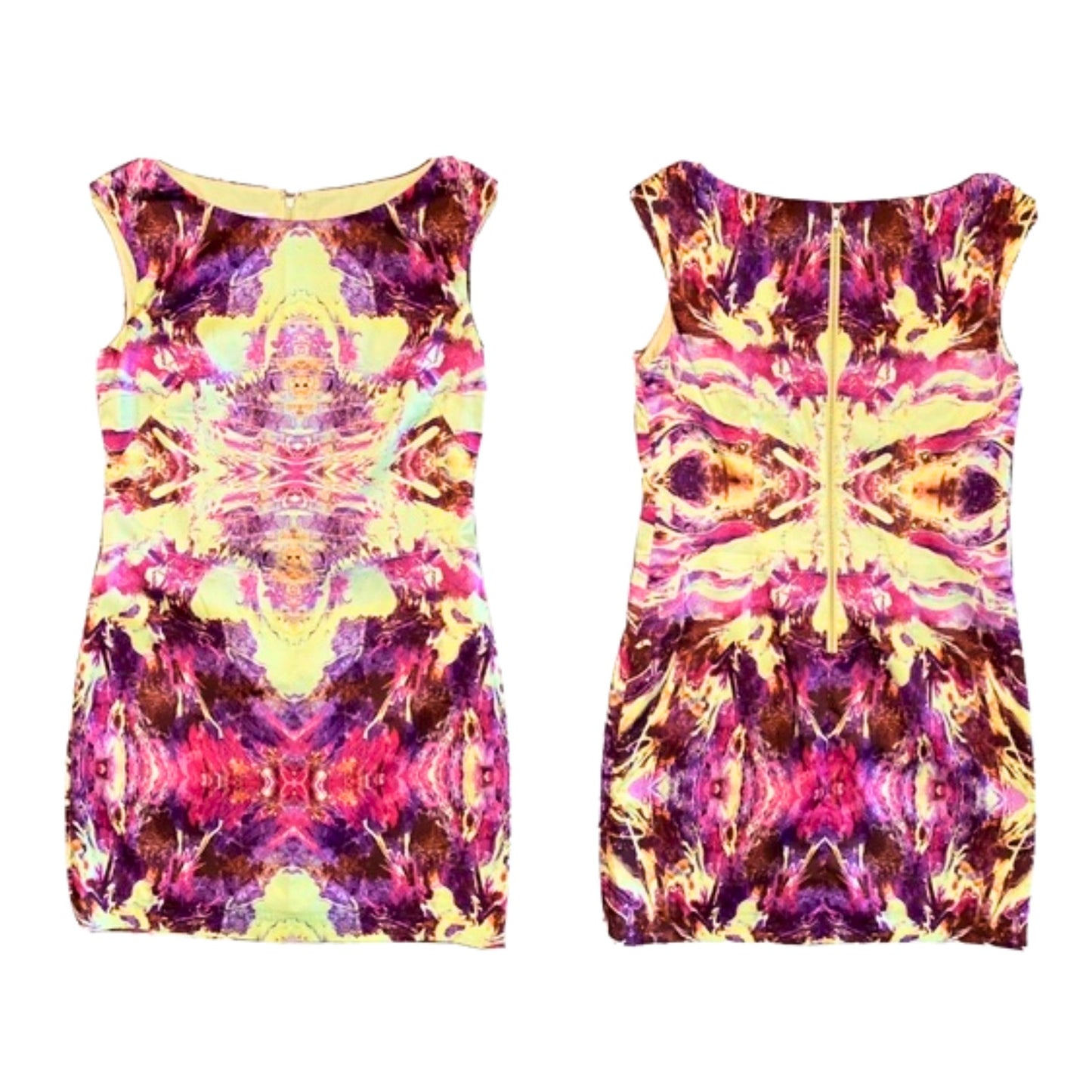 Two tie-dye tank tops with a symmetrical pattern on a white background