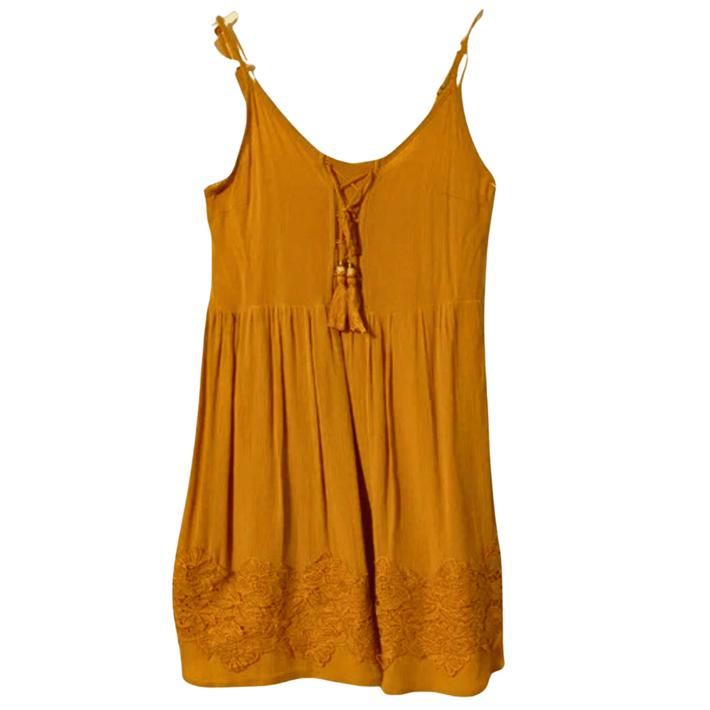 Mustard yellow dress with lace details on a transparent background