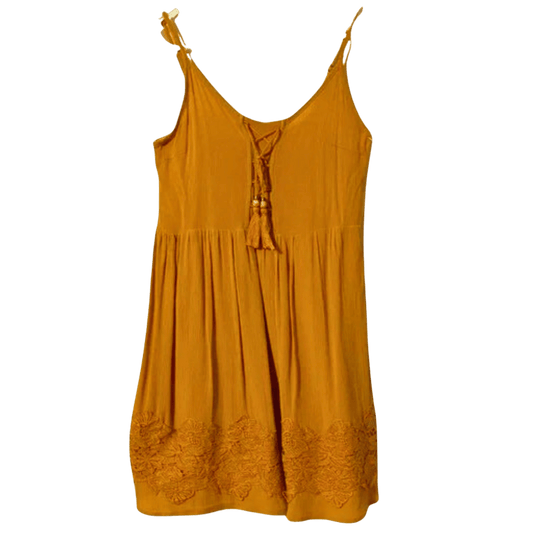 Mustard yellow dress with lace details on a transparent background