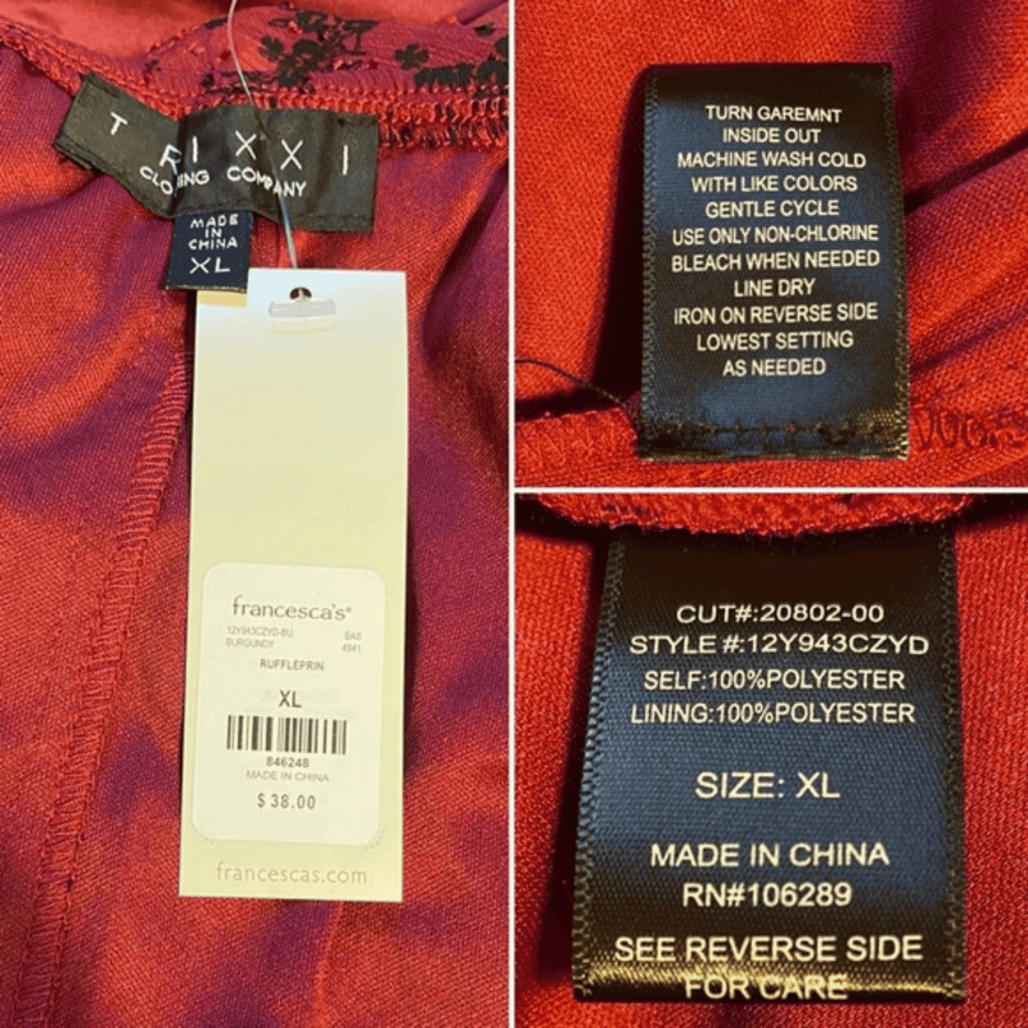 Close-up of clothing labels on a red garment with text and brand names.