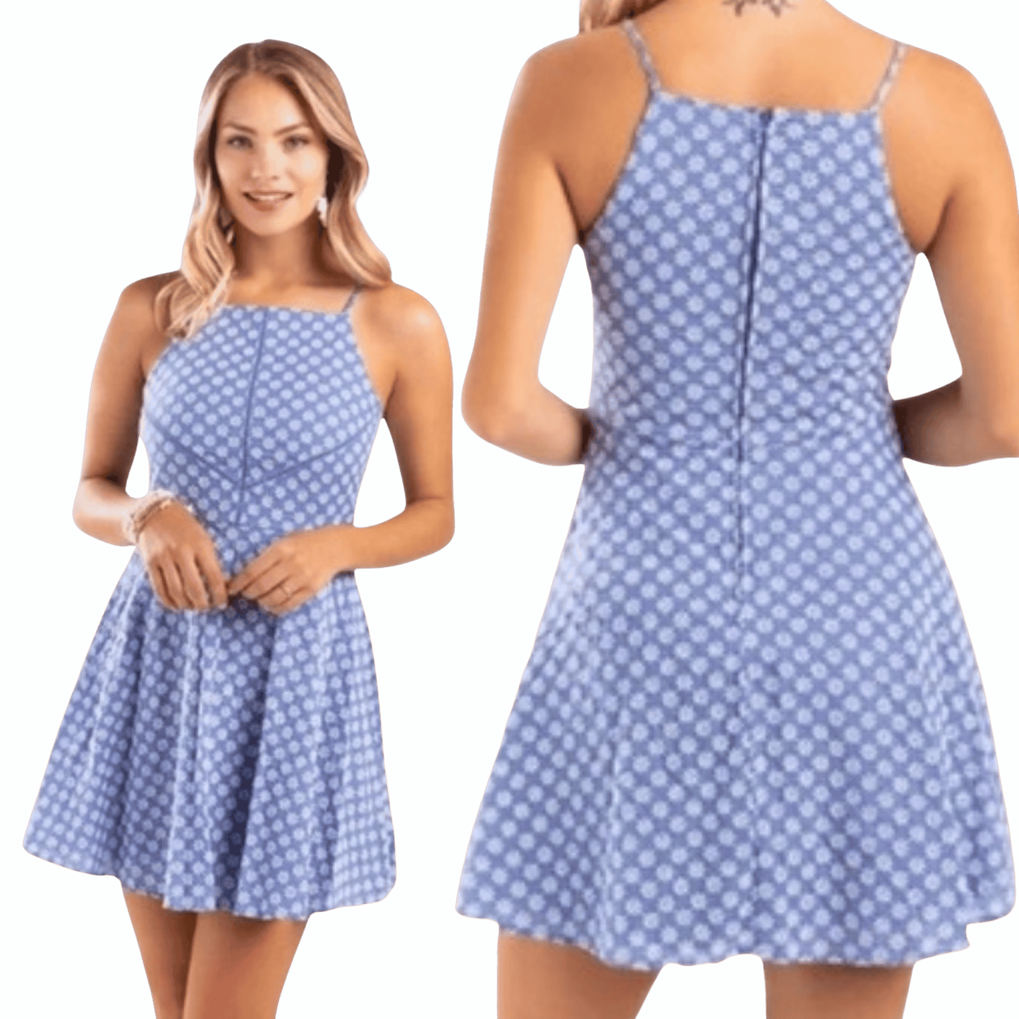 Woman wearing a blue polka dot dress with front and side views on a teal background