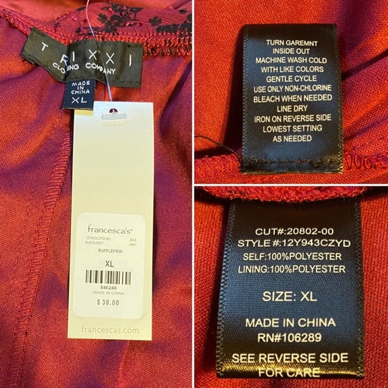 Clothing tags on a red garment with brand, size, and care instructions.