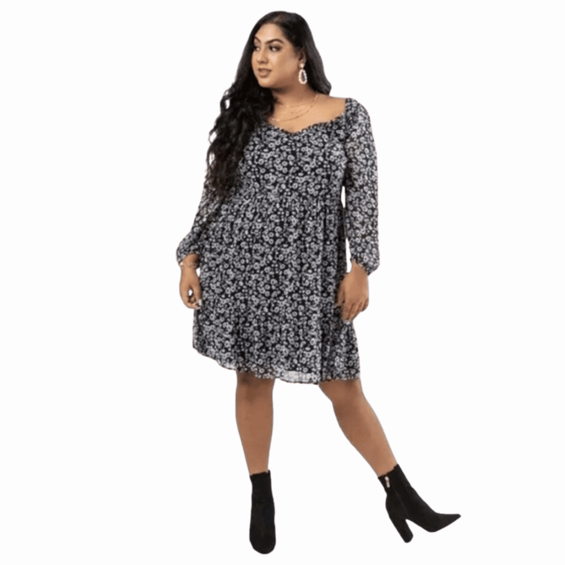 Woman wearing a floral dress on a red background