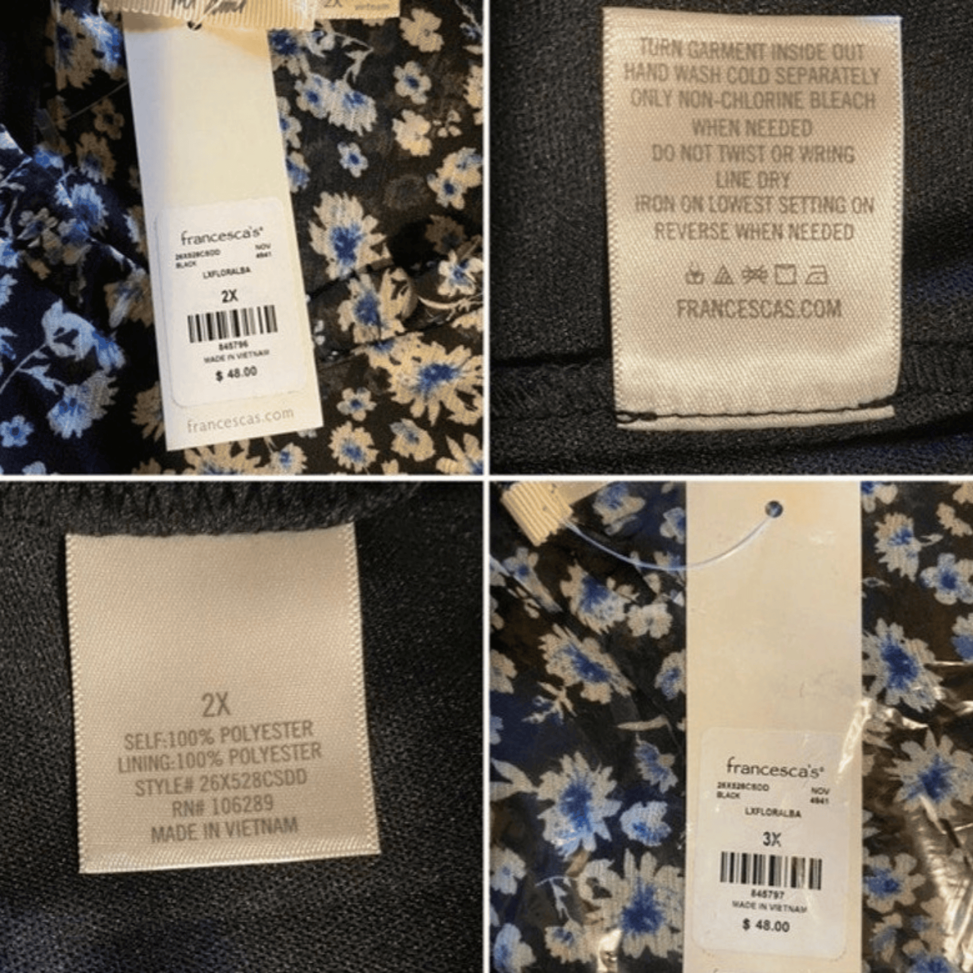 Collage of clothing labels with floral pattern and text details.