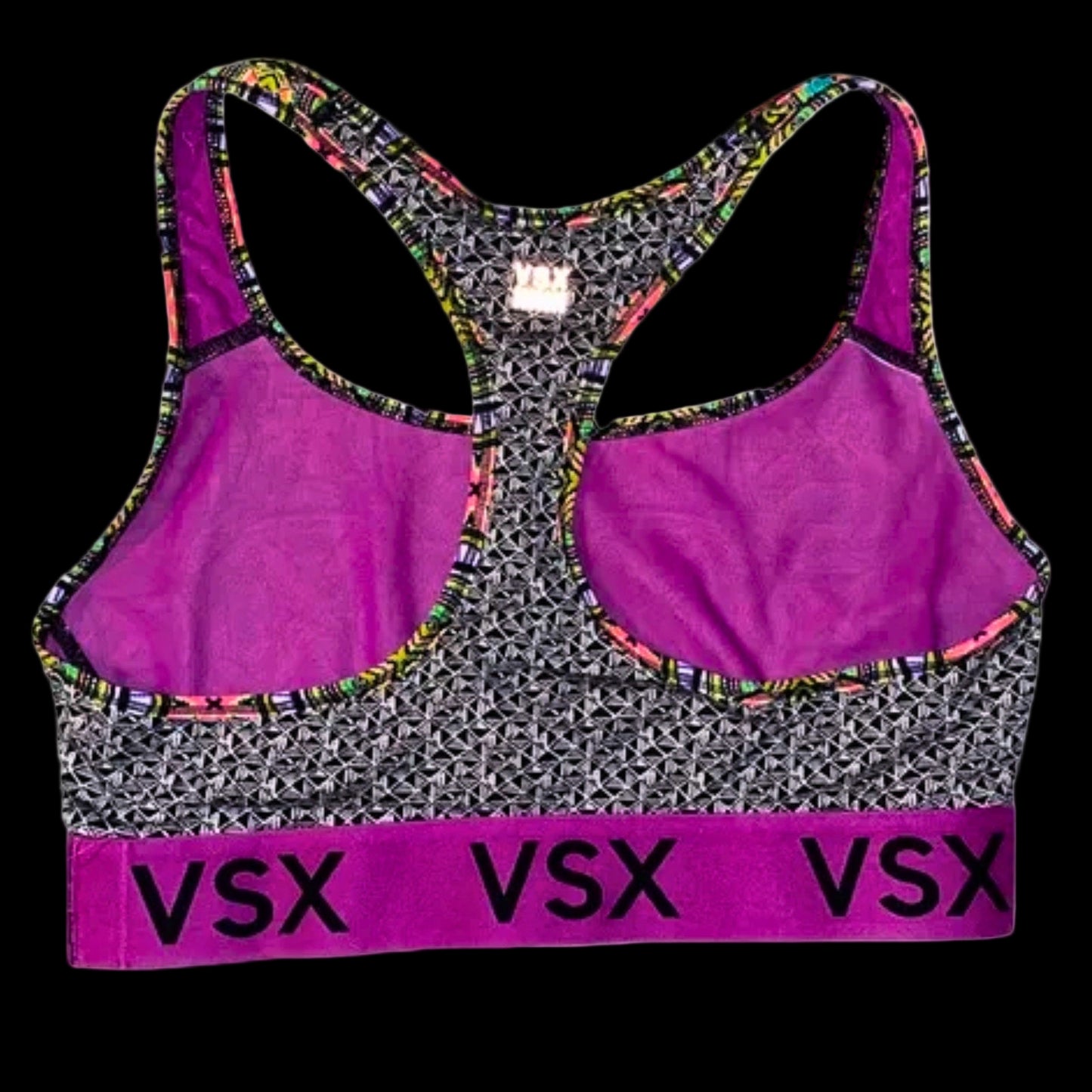 Purple and gray sports bra with colorful straps and 'VSX' branding on a white background