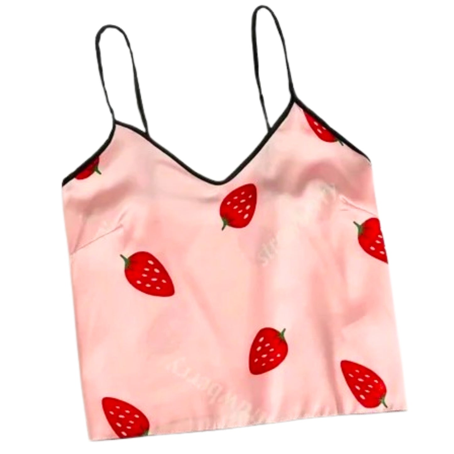 Pink top with strawberry pattern on a white background