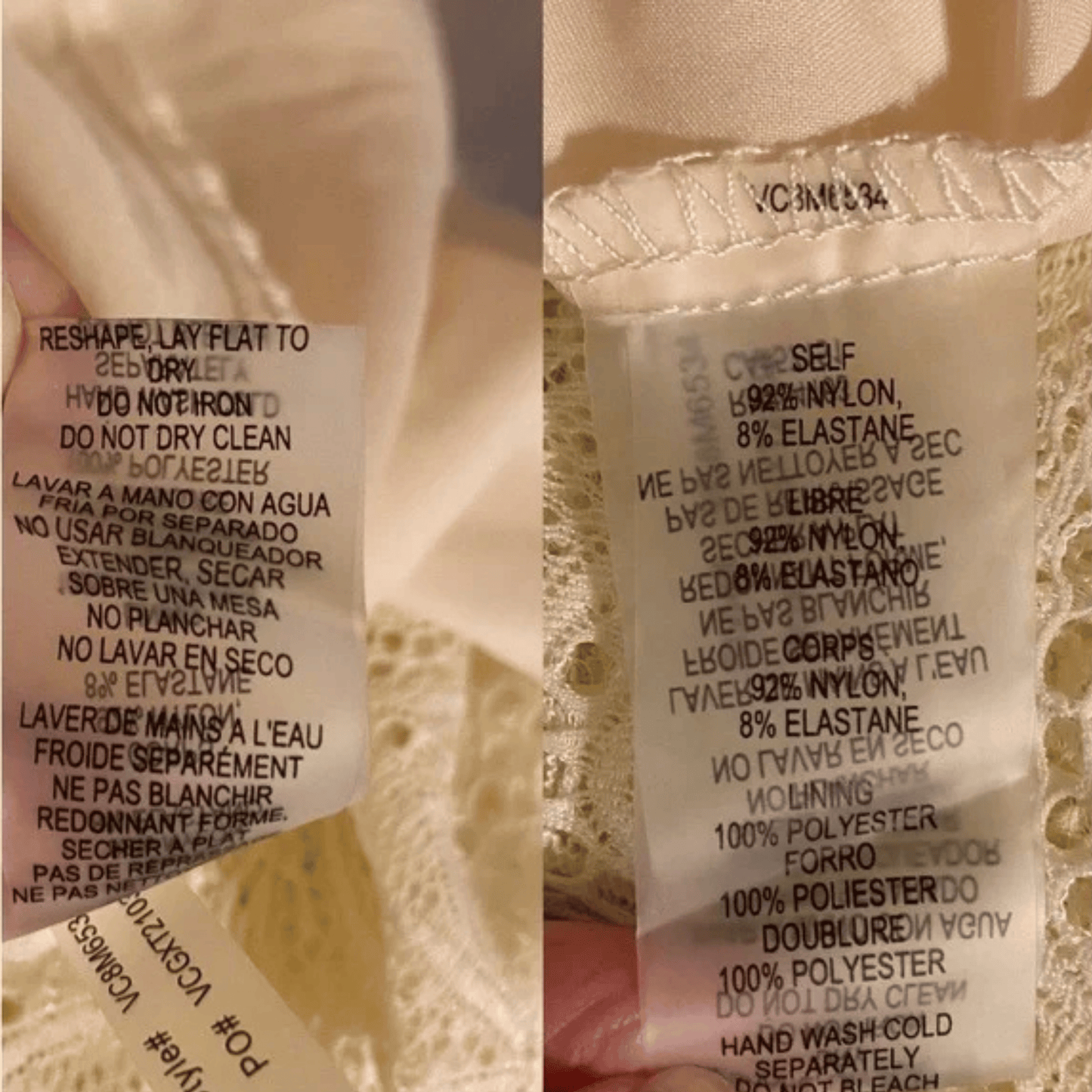 Close-up of fabric care labels with text on a textured beige background