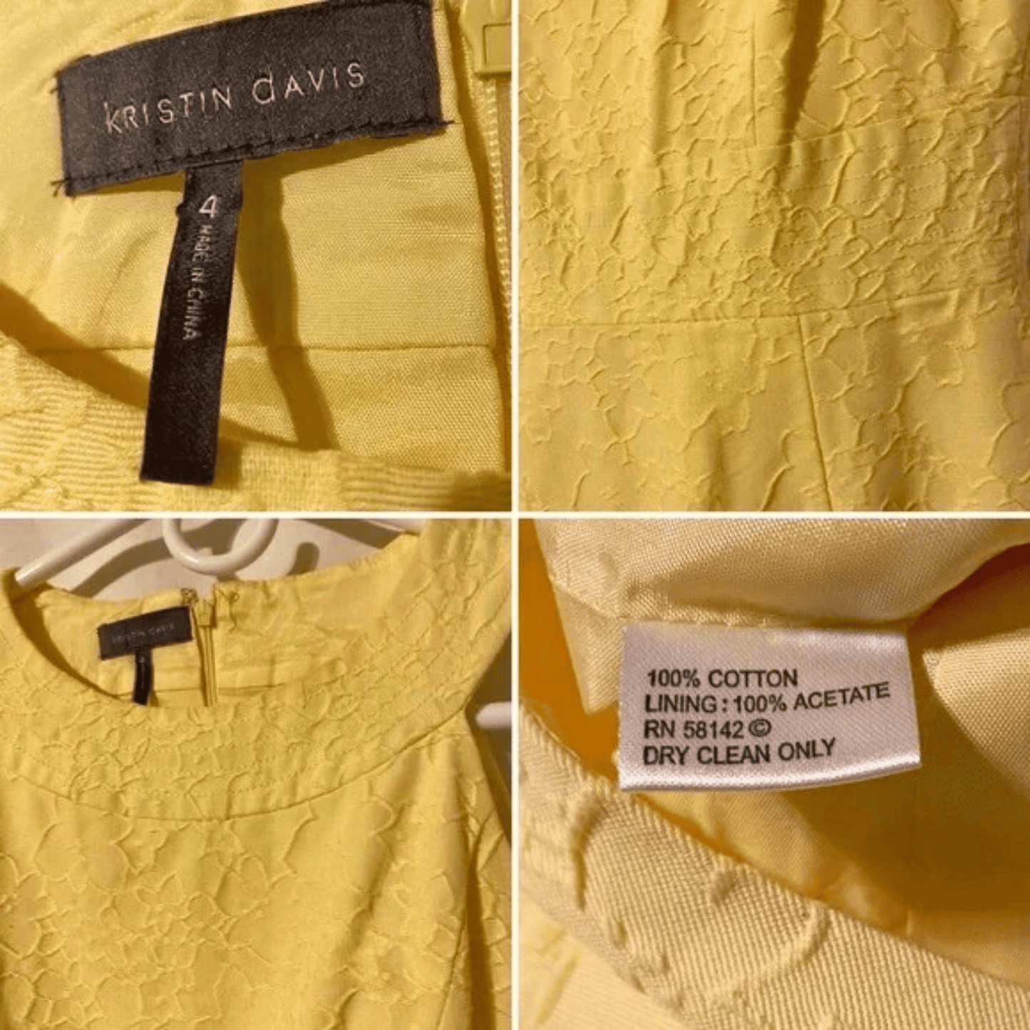 Collage of a yellow garment with brand label and care instructions.