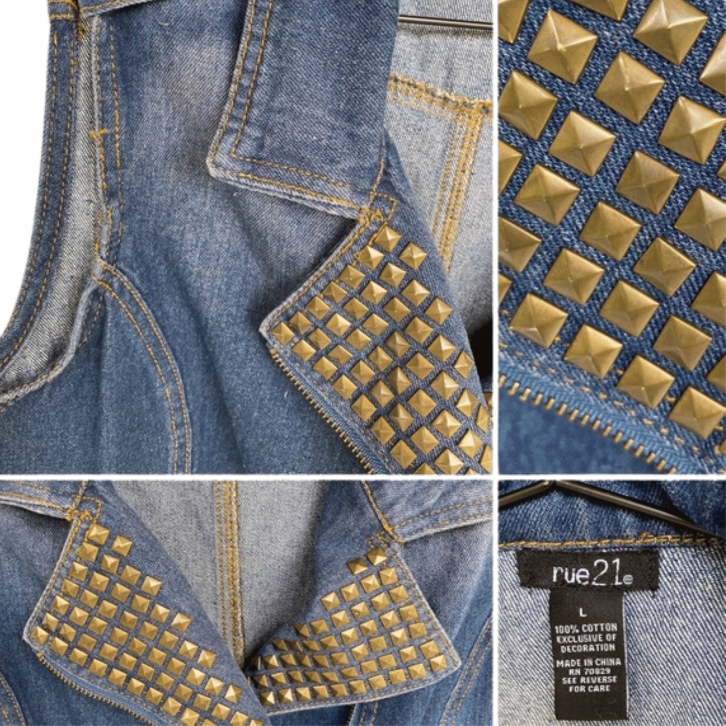 Collage of denim jacket with gold studs and rue21 label