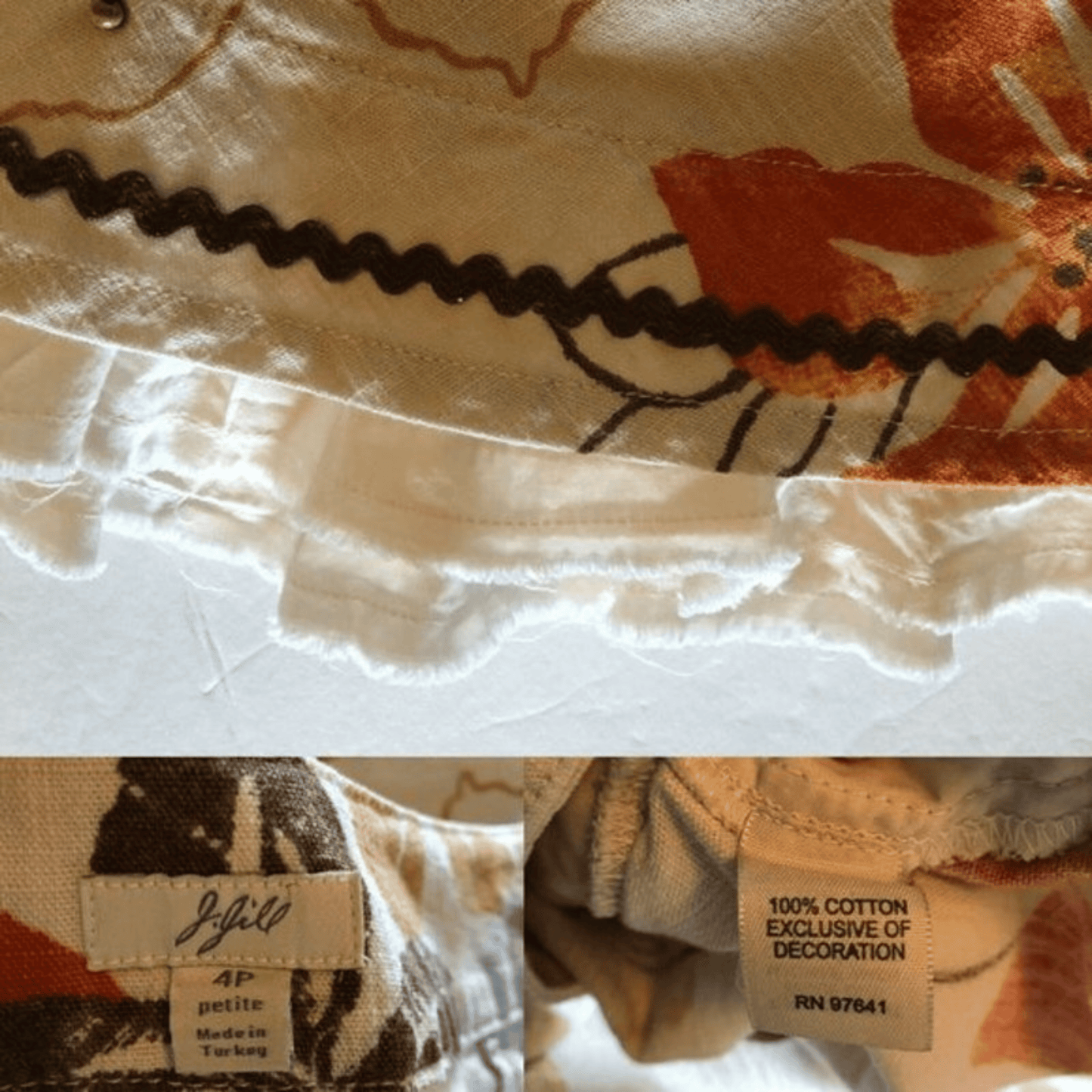 Close-up of a fabric with a pattern and a label on a white background