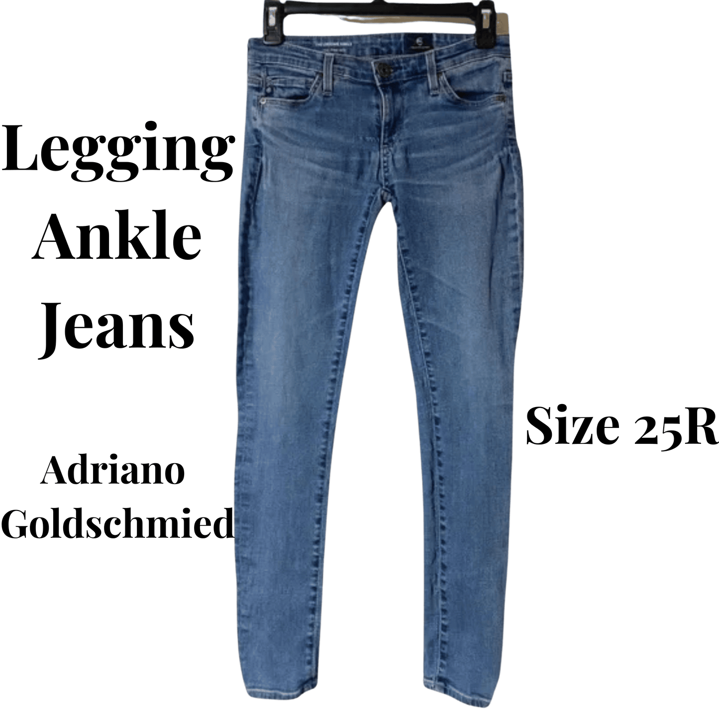 Blue ankle jeans on a hanger with text indicating brand and size.