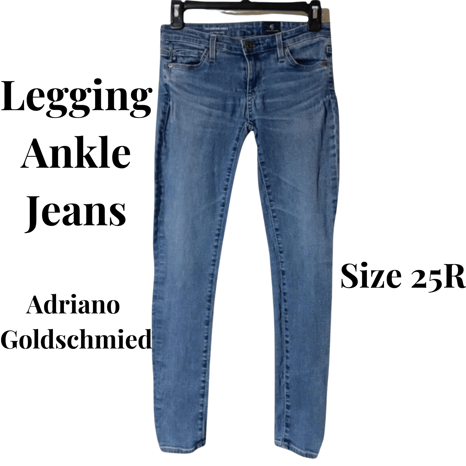 Blue ankle jeans on a hanger with text indicating brand and size.