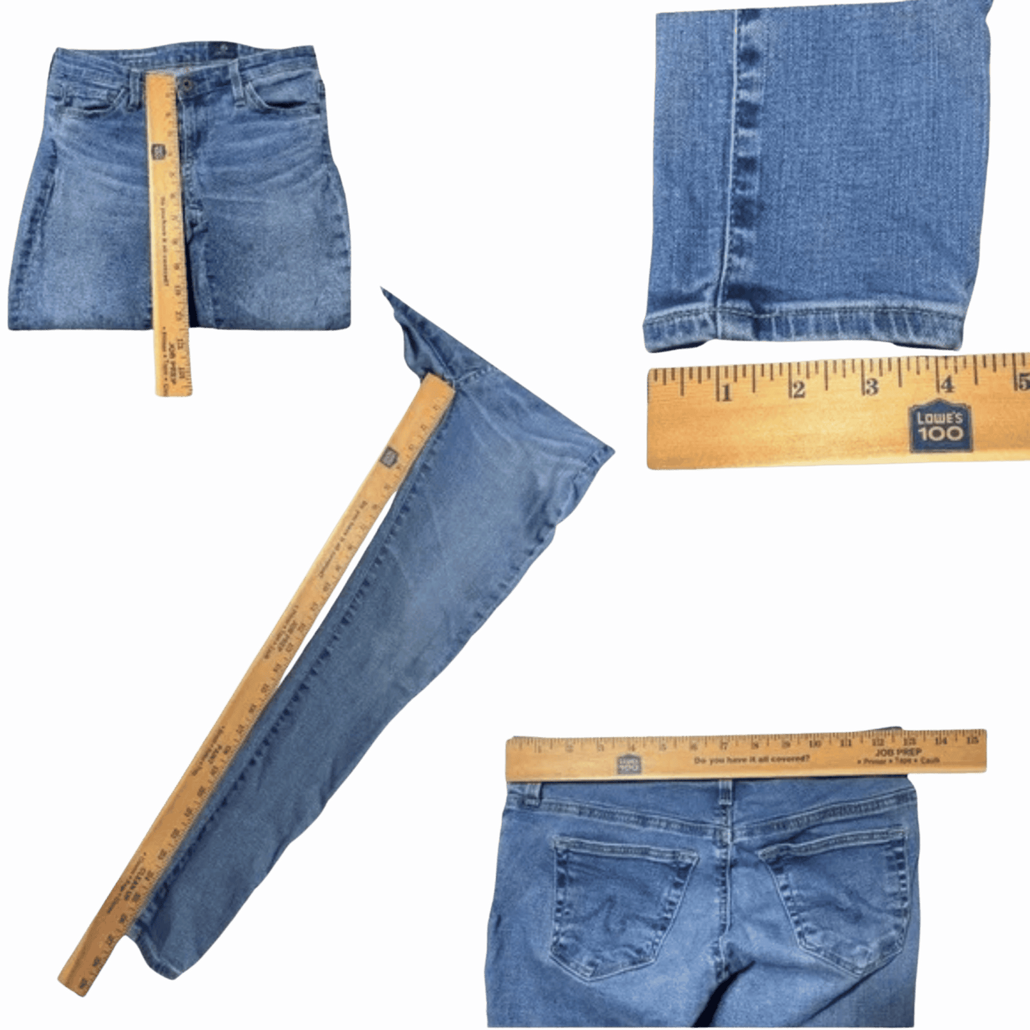Blue jeans with a ruler for size measurement on a purple background