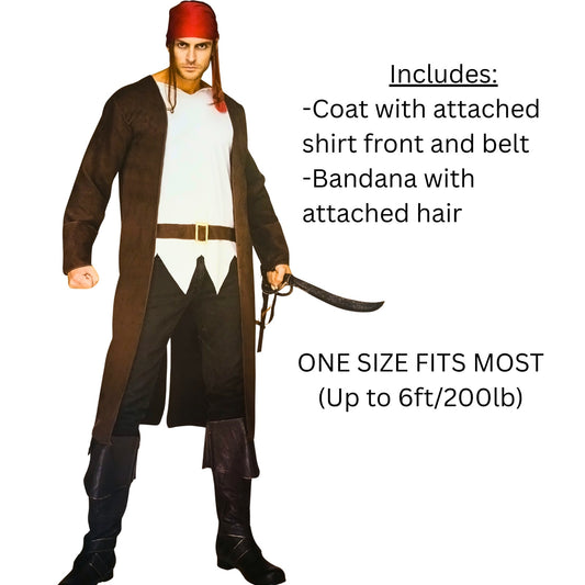 Person wearing a costume with coat, shirt, belt, and bandana on a white background