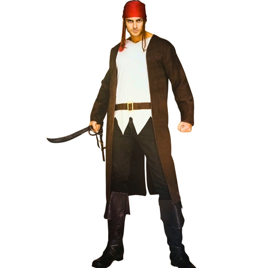 Person wearing a costume with a long coat, red fez, and holding a sword on a white background