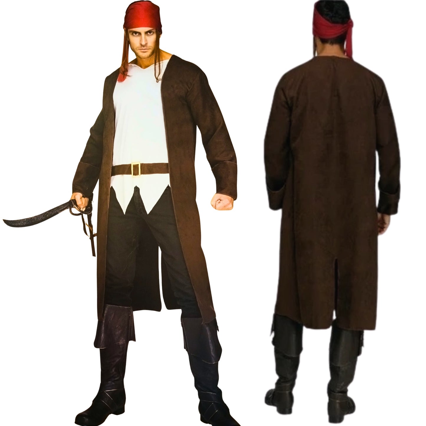 Costume with long brown coat, white shirt, black pants, and red headscarf on a white background