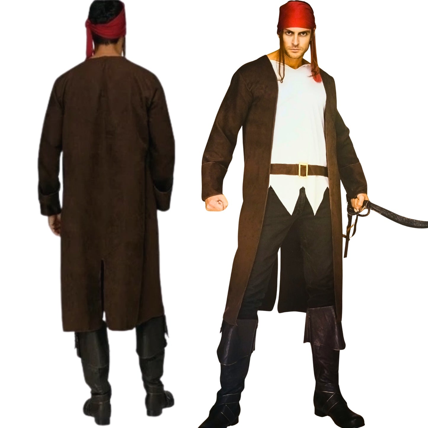 Person wearing a historical costume with a long brown coat, black boots, and a red headband on a white background.