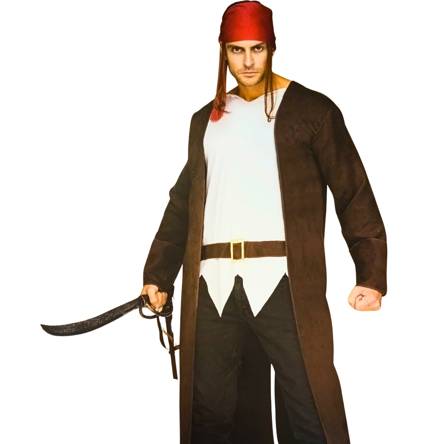 Person wearing a costume with a long coat, white shirt, red headscarf, and holding a sword on a white background
