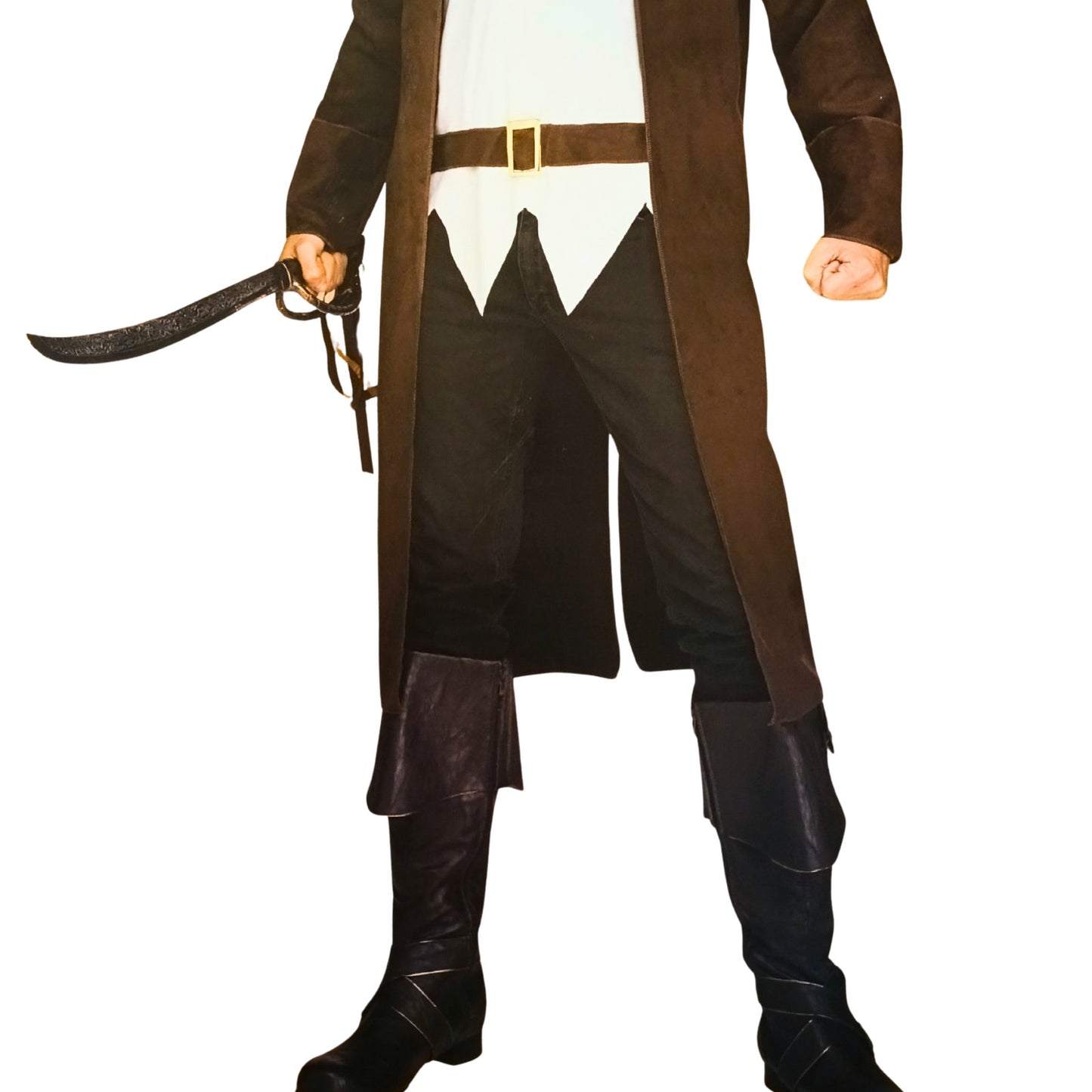Costume with a long brown coat, white shirt, black pants, and black boots on a white background.
