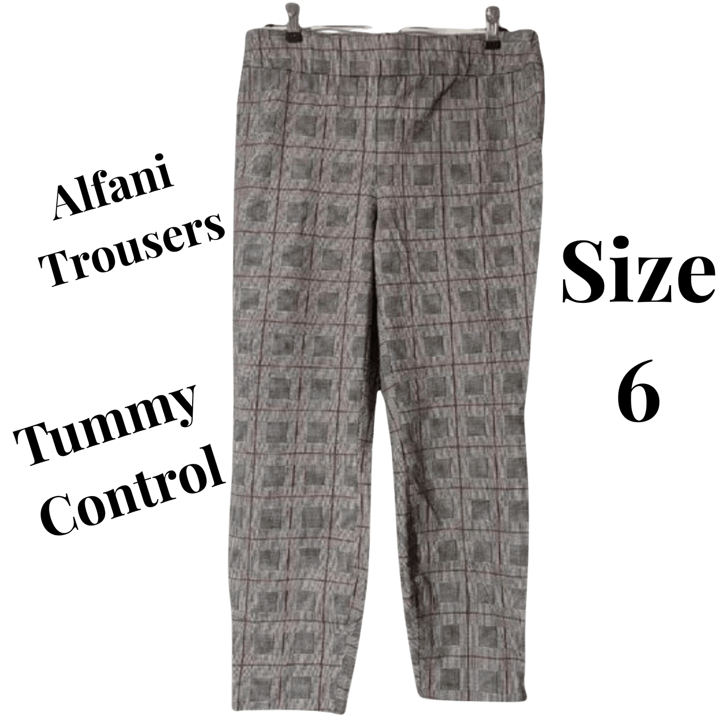 Plaid patterned trousers with text indicating brand and size on a green background