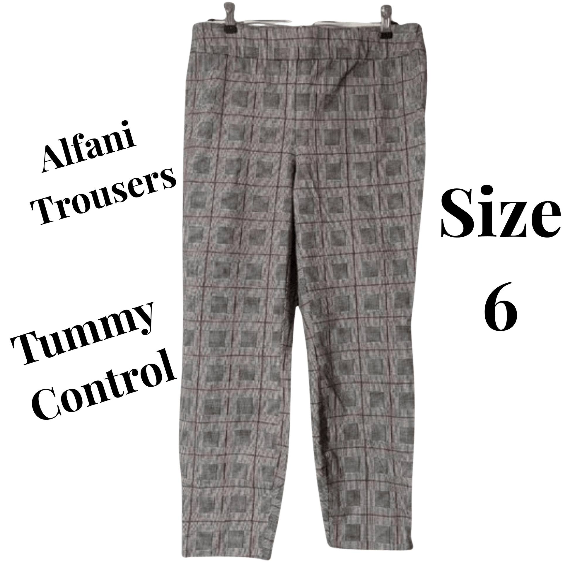 Plaid patterned trousers with text indicating brand and size on a green background