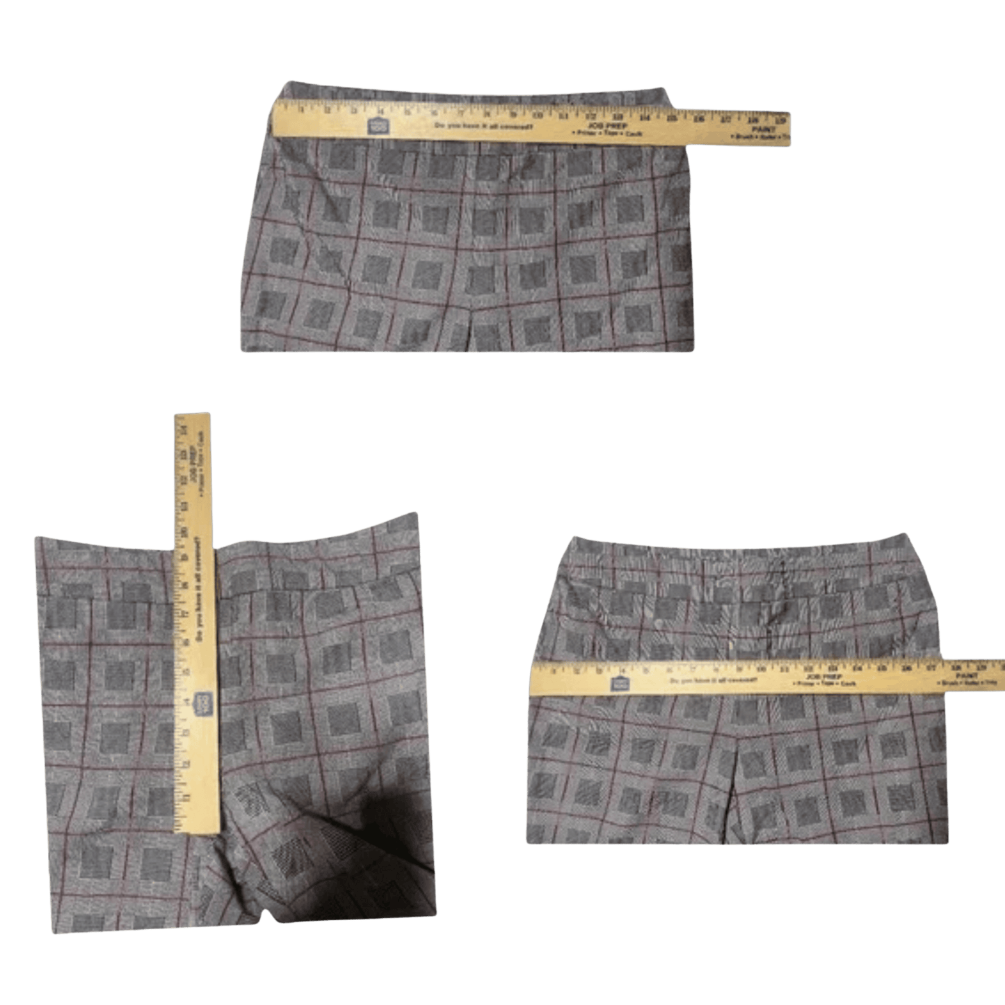 Three views of a gray patterned fabric with a measuring tape for scale on a transparent background.