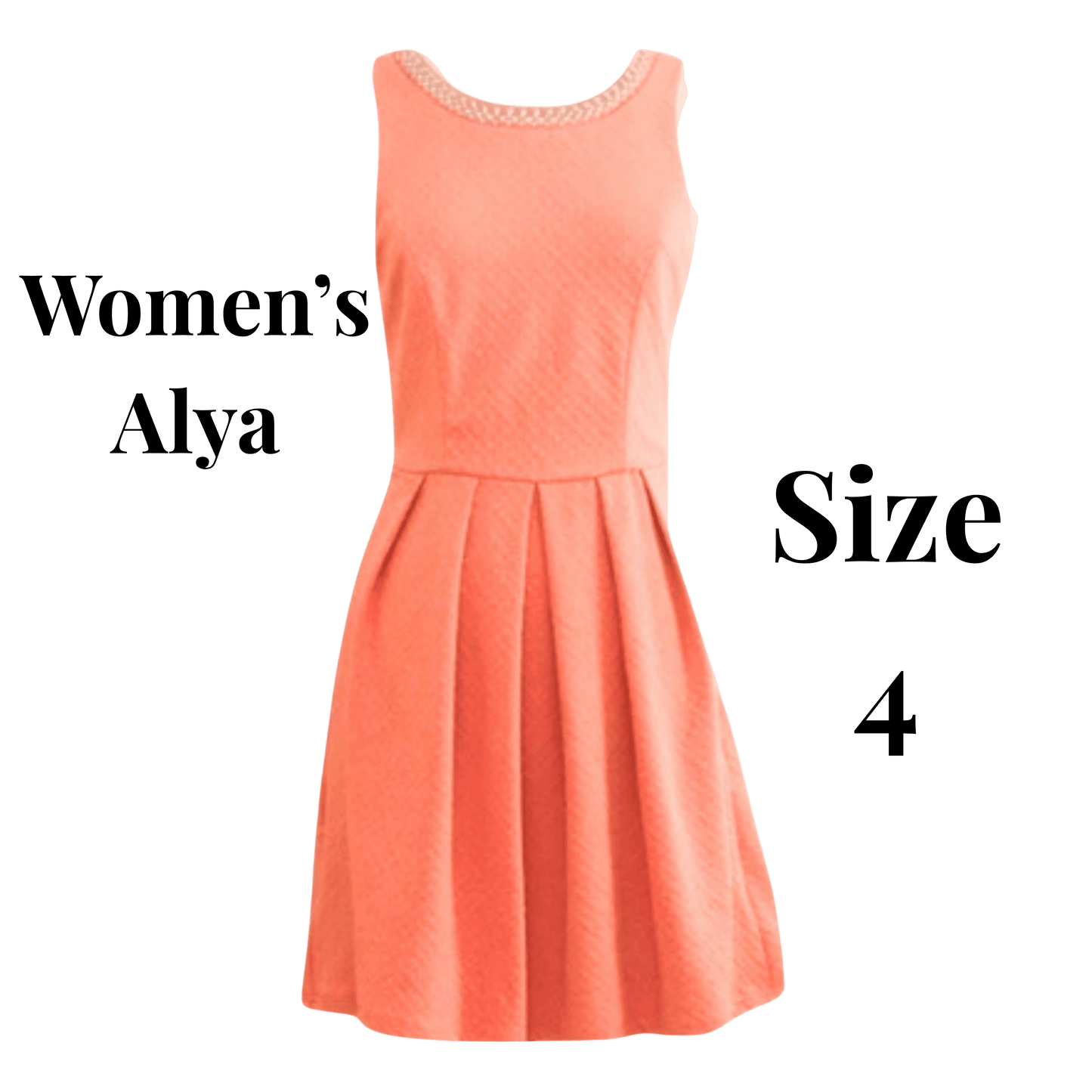 Peach-colored dress with 'Women's Alya' and 'Size 4' text on a green background