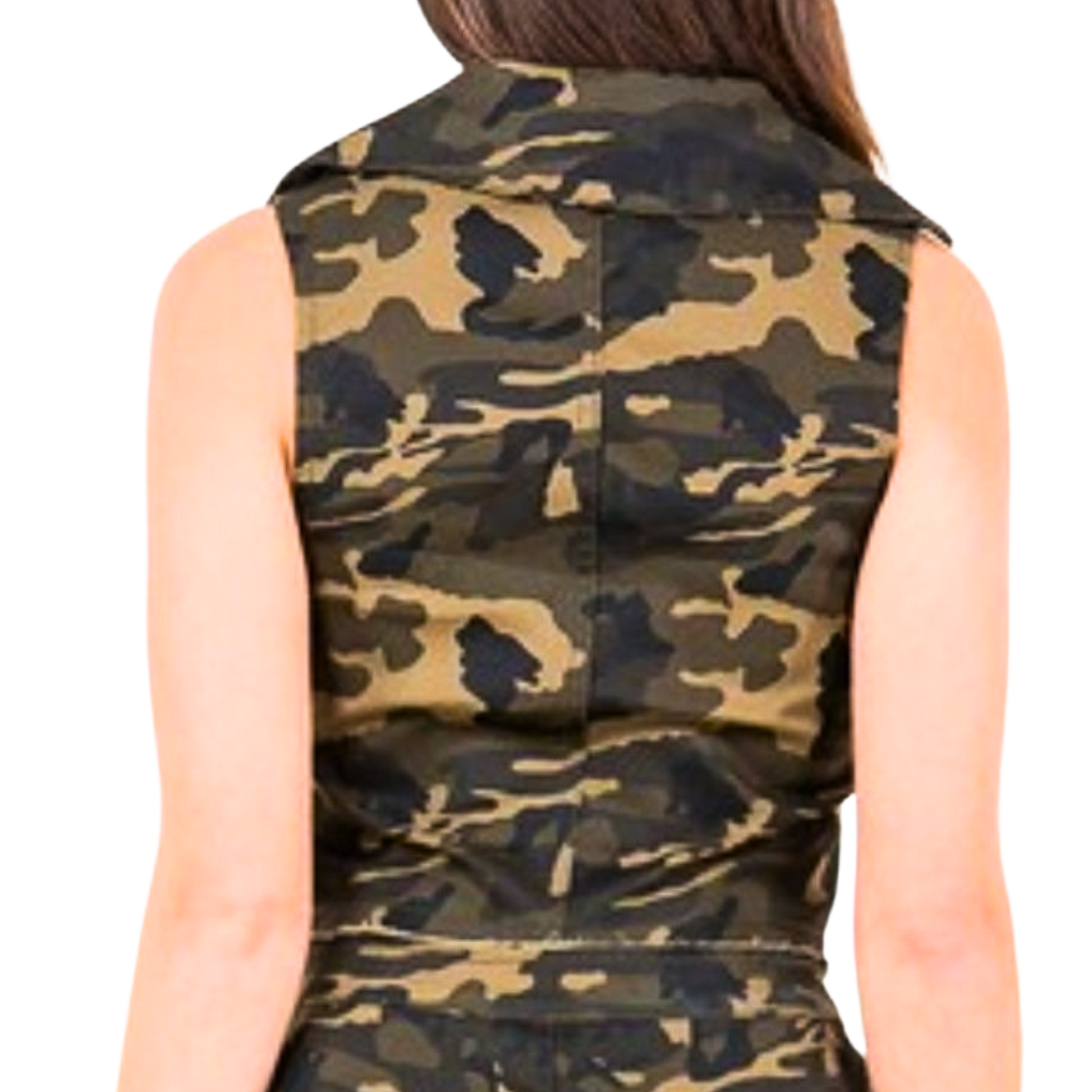 Camouflage vest worn by a person on a white background