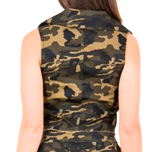 Camouflage vest worn by a person on a white background