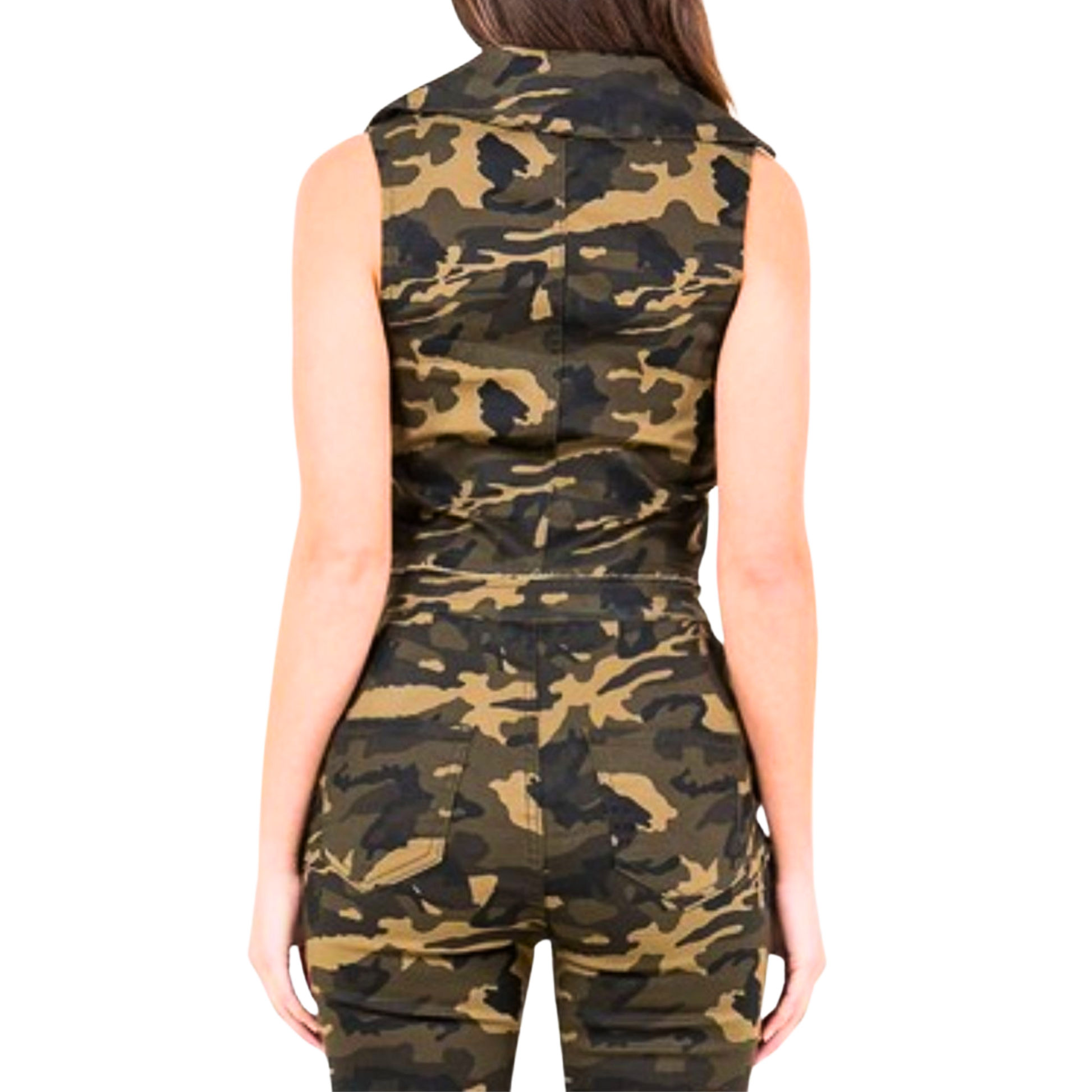Camouflage sleeveless top and pants on a white background
