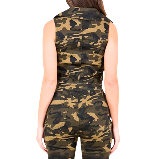 Camouflage sleeveless top and pants on a white background