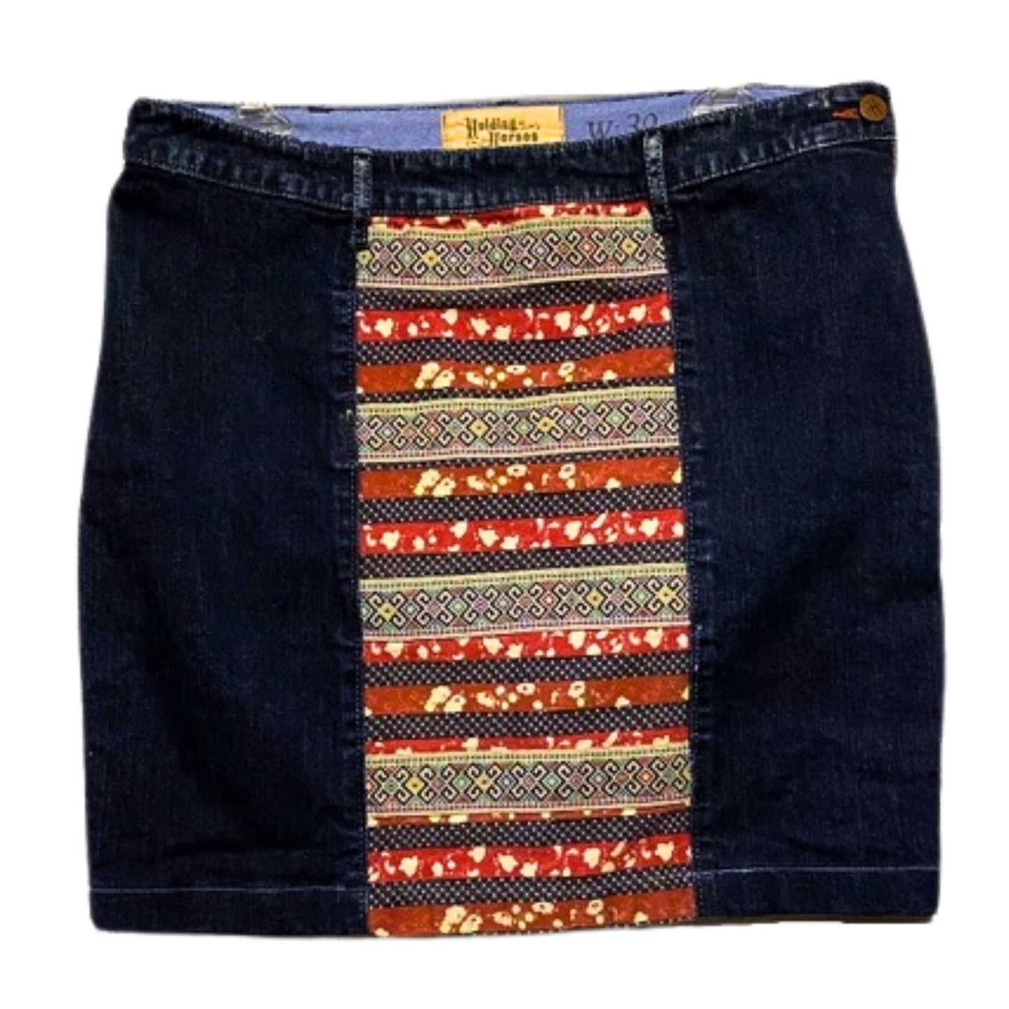 Dark blue denim skirt with a colorful striped pattern on a white background