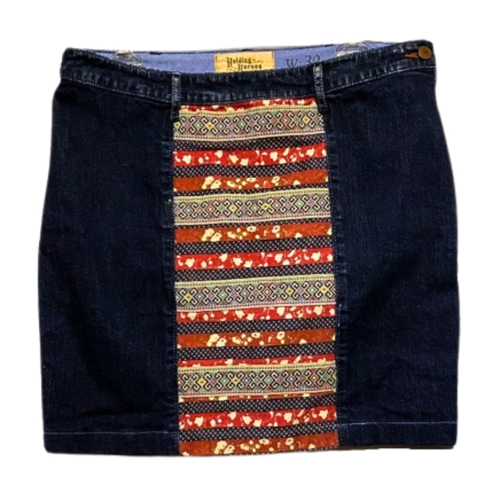 Dark blue denim skirt with a colorful striped pattern on a white background