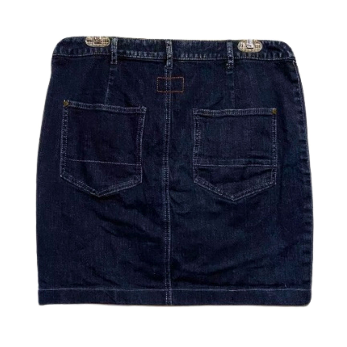 Dark blue denim skirt on a white background