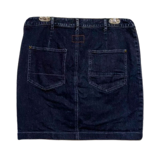 Dark blue denim skirt on a white background