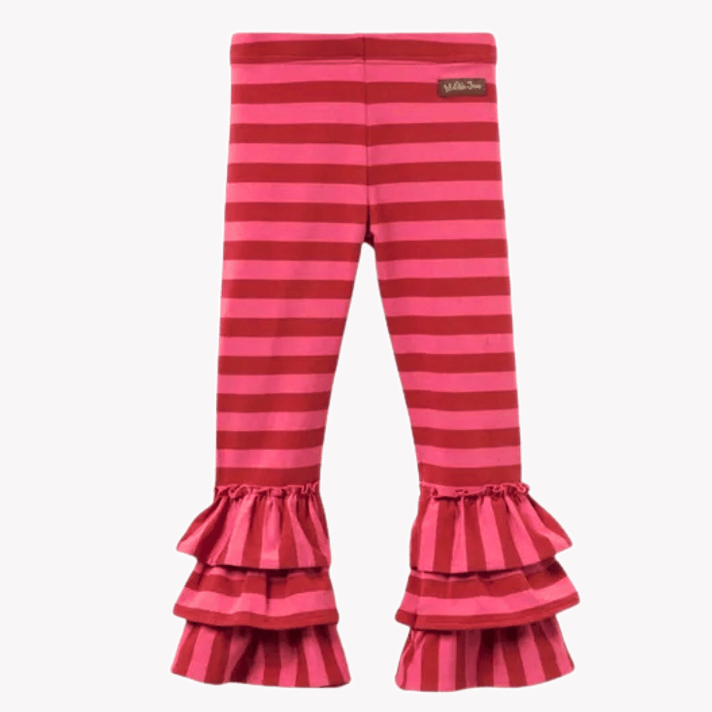 Pink and red striped pants with ruffled bottom on a purple background