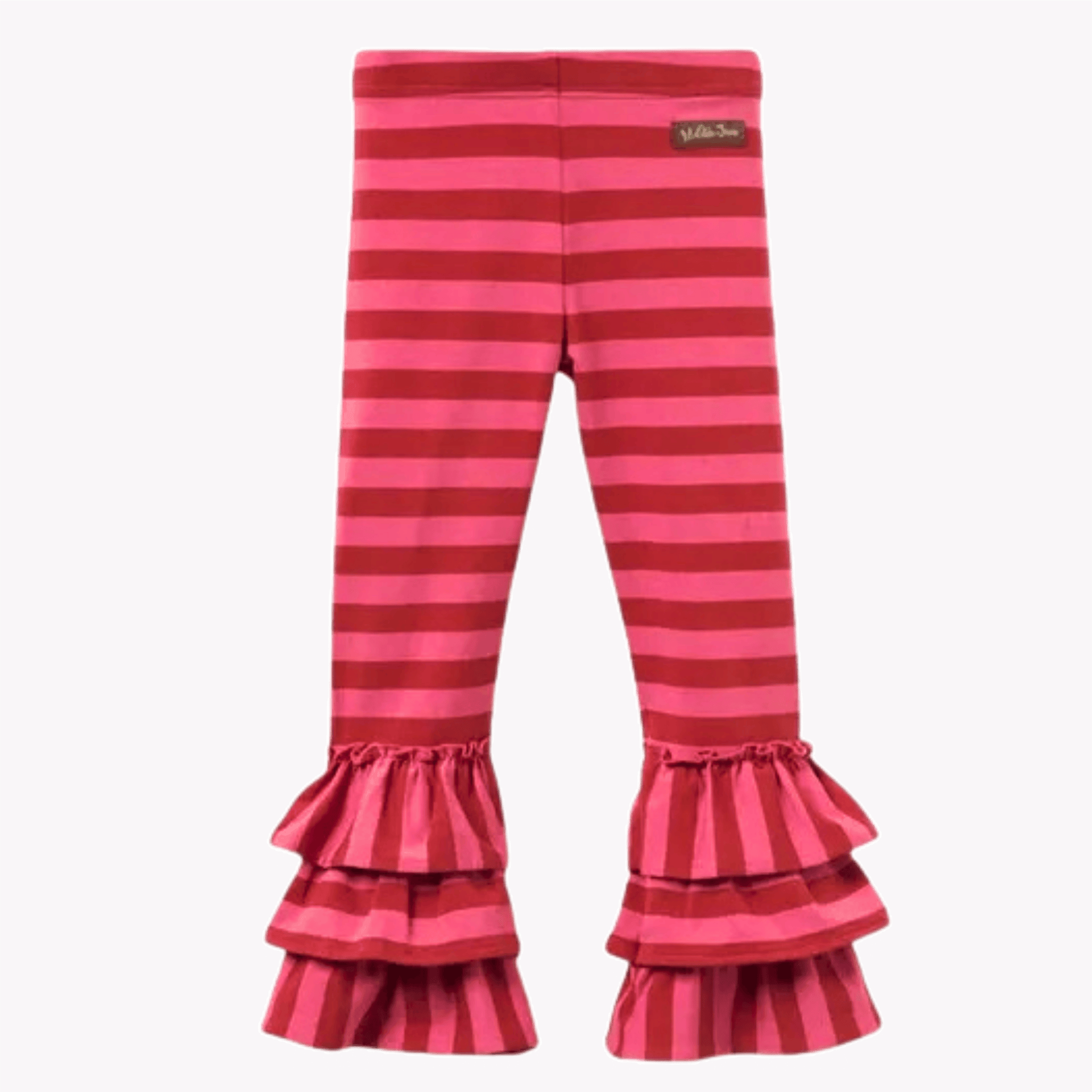 Pink and red striped pants with ruffled bottom on a purple background