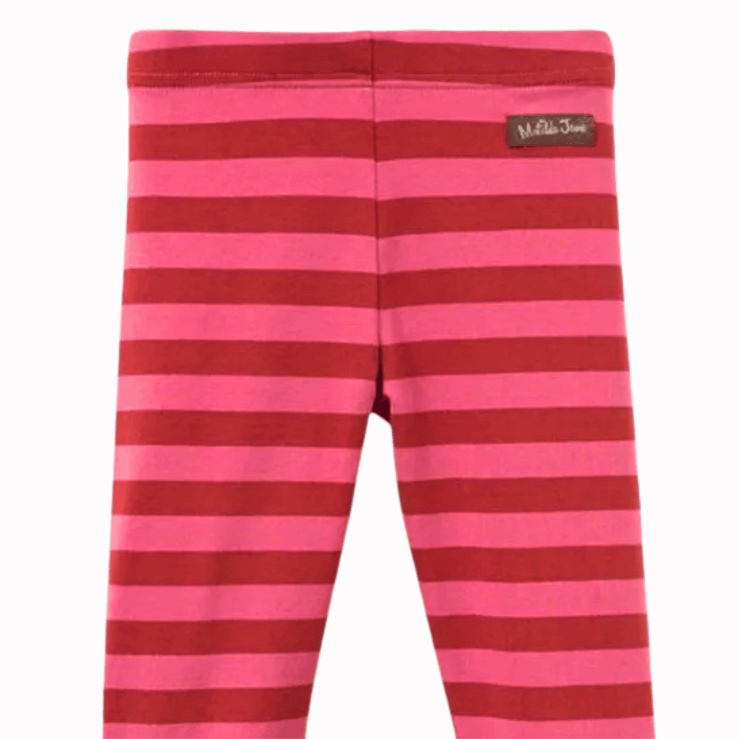 Pink and red striped leggings with a visible brand label on a brown background
