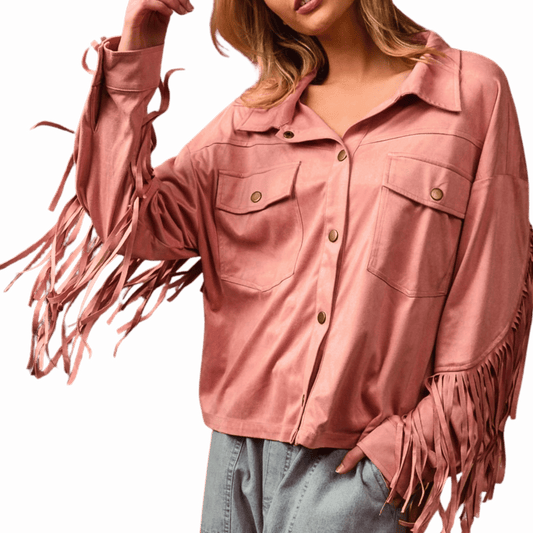 Pink fringed jacket worn by a person on a red background