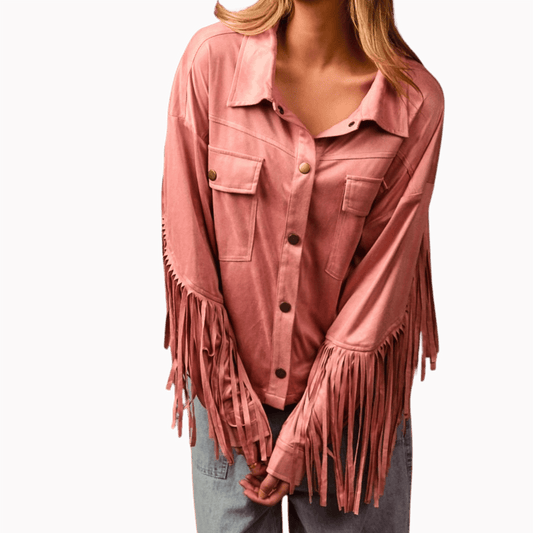 Pink fringed jacket worn by a person on a brown background
