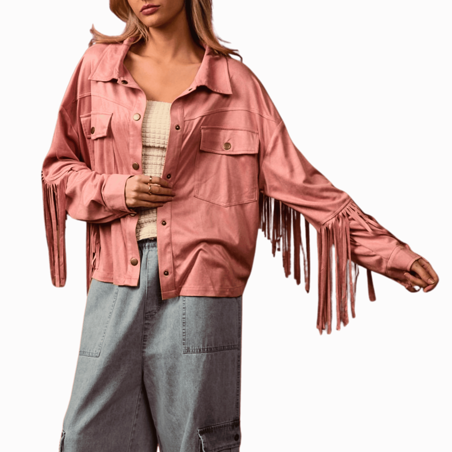 Person wearing a pink fringed jacket on a dark red background