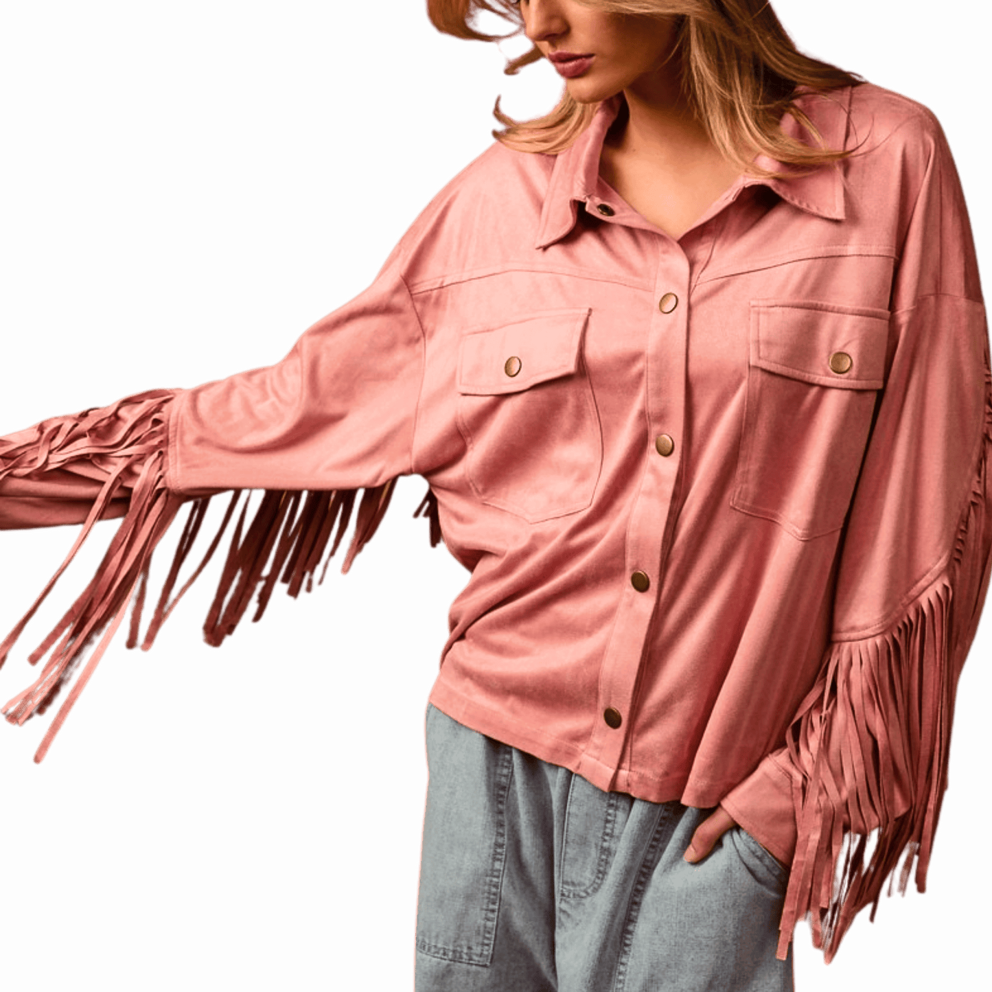Pink fringed jacket worn by a person on a red background