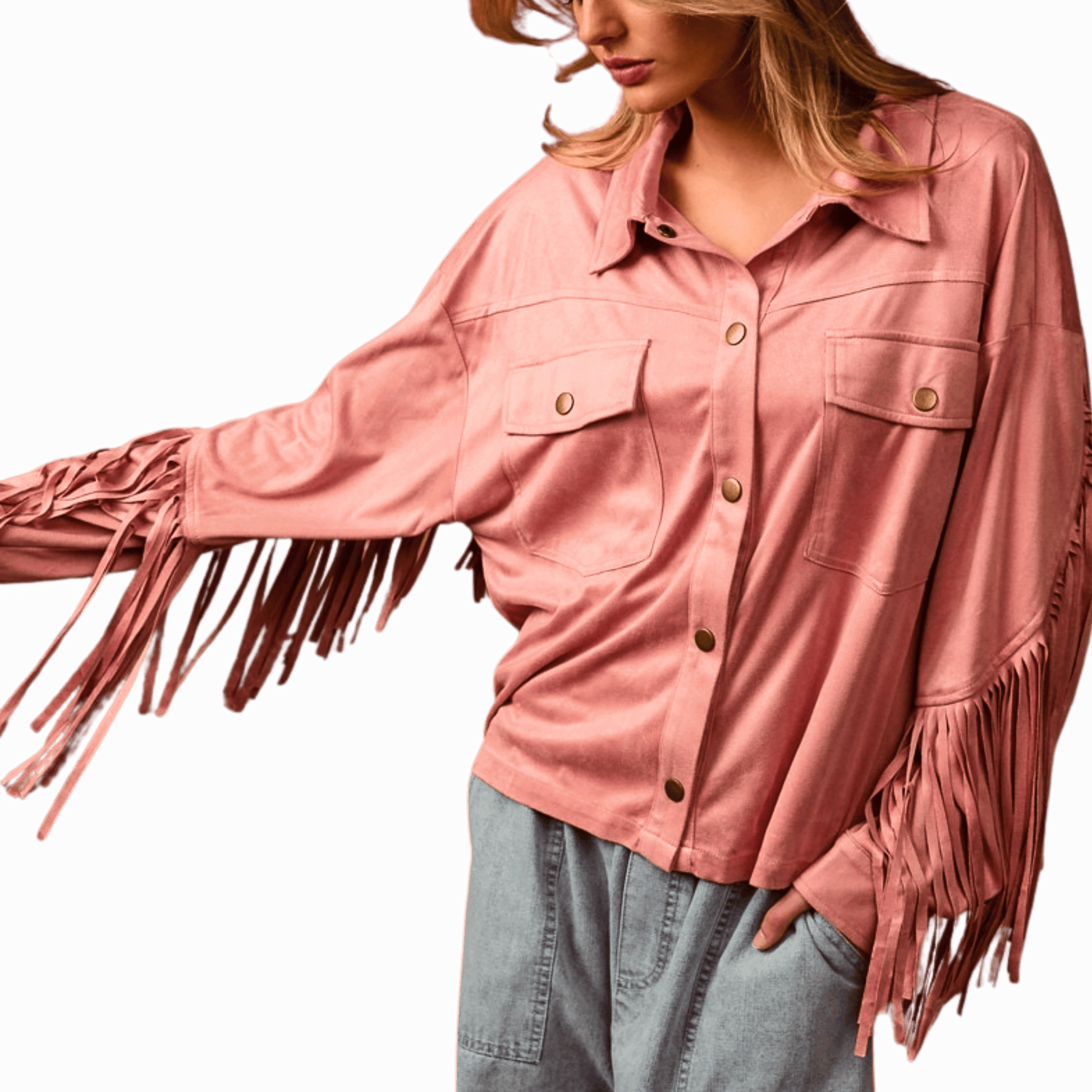 Pink fringed jacket worn by a person on a red background