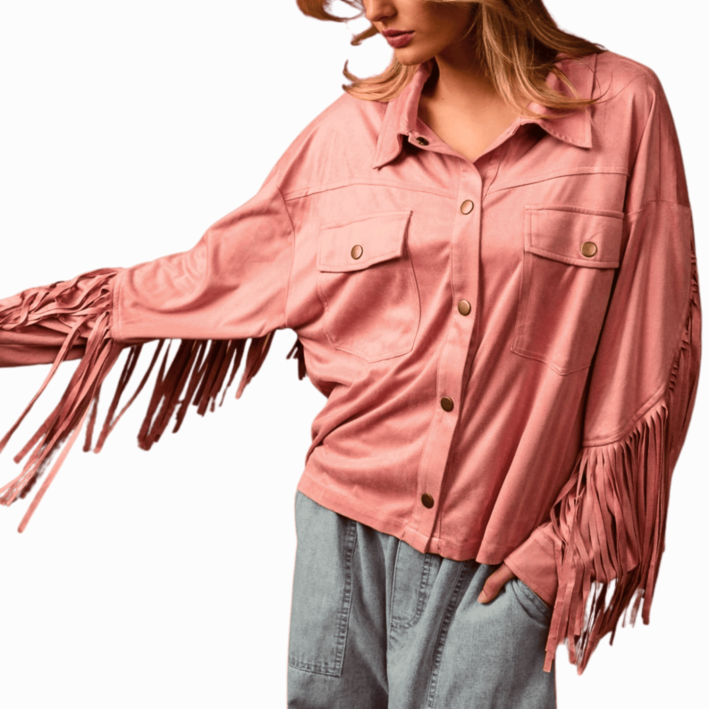 Person wearing a pink fringed shirt against a red background